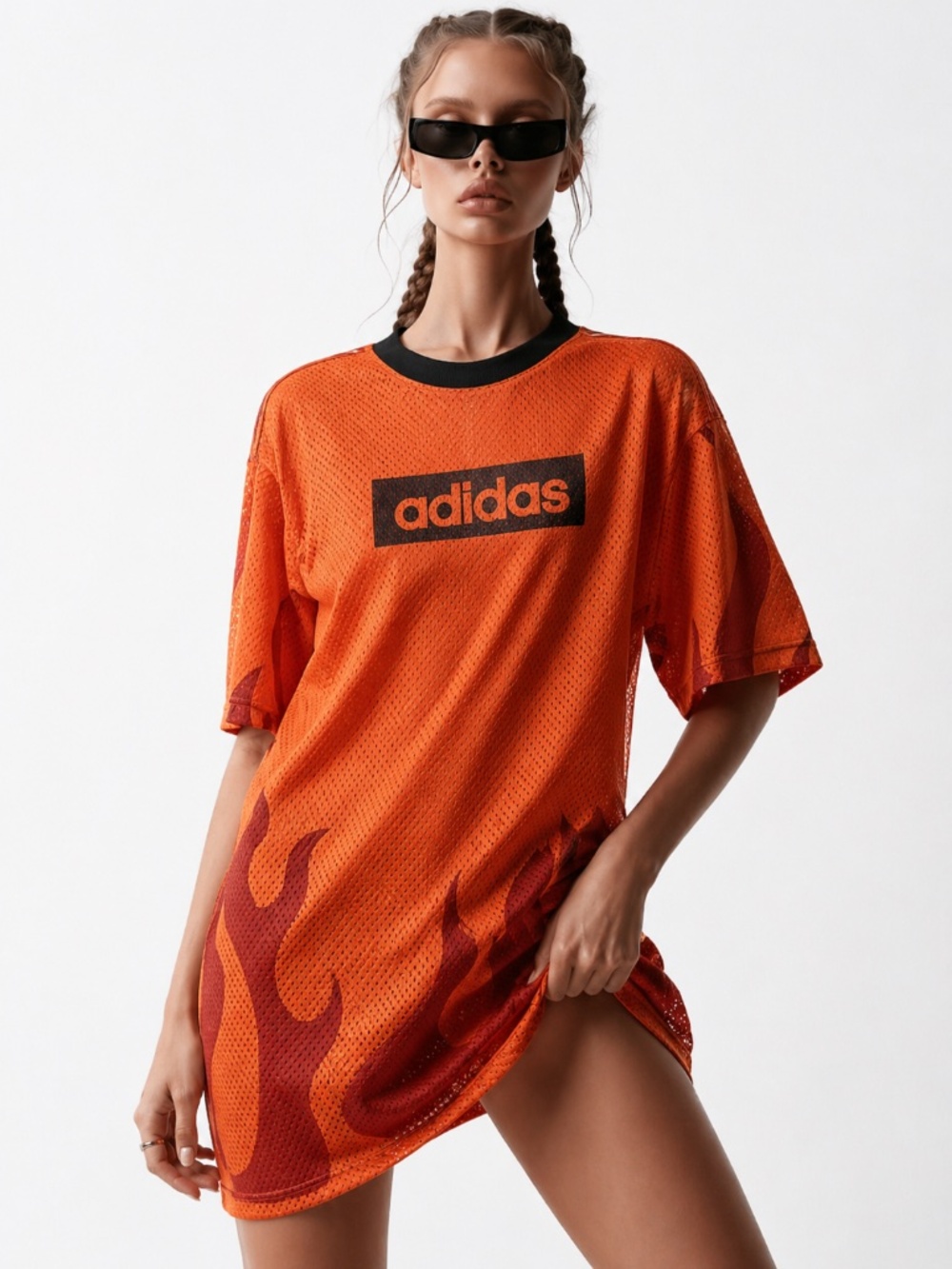 adidas Originals Small Orange Flames Mesh Jersey Mini Dress JX7601 Oversized Y2K